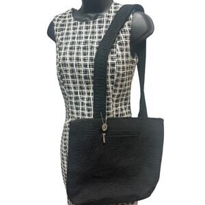The Sak" Crochet Zip Closure, Inside & Outside Zip Pocket Shoulder Bag Black